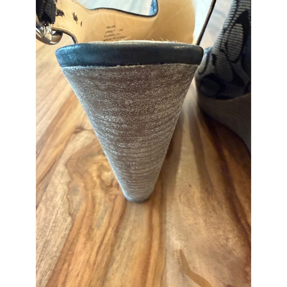 Coach Janet Signature Jacquard Wedge Sandals Black Grey Peep Toe Slingback F2080 - Picture 9 of 13